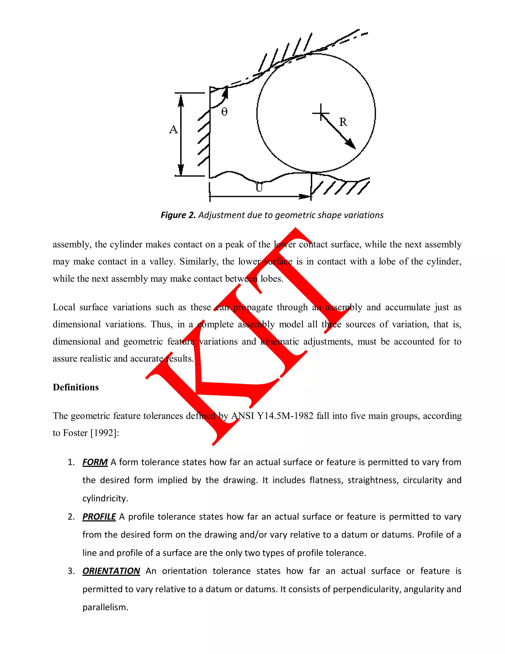 Figure 2. Adjustment due to geometric shape variations
assembly, the cylinder makes contact on a peak of the lower contact surface, while the next assembly
may make contact in a valley. Similarly, the lower surface is in contact with a lobe of the cylinder,
while the next assembly may make contact between lobes.
Local surface variations such as these can propagate through an assembly and accumulate just as
dimensional variations. Thus, in a complete assembly model all three sources of variation, that is,
dimensional and geometric feature variations and kinematic adjustments, must be accounted for to
assure realistic and accurate results.
Definitions
The geometric feature tolerances defined by ANSI Y14.5M-1982 fall into five main groups, according
to Foster [1992]:
1. FORM A form tolerance states how far an actual surface or feature is permitted to vary from
the desired form implied by the drawing. It includes flatness, straightness, circularity and
cylindricity.
2. PROFILE A profile tolerance states how far an actual surface or feature is permitted to vary
from the desired form on the drawing and/or vary relative to a datum or datums. Profile of a
line and profile of a surface are the only two types of profile tolerance.
3. ORIENTATION An orientation tolerance states how far an actual surface or feature is
permitted to vary relative to a datum or datums. It consists of perpendicularity, angularity and
parallelism.
 