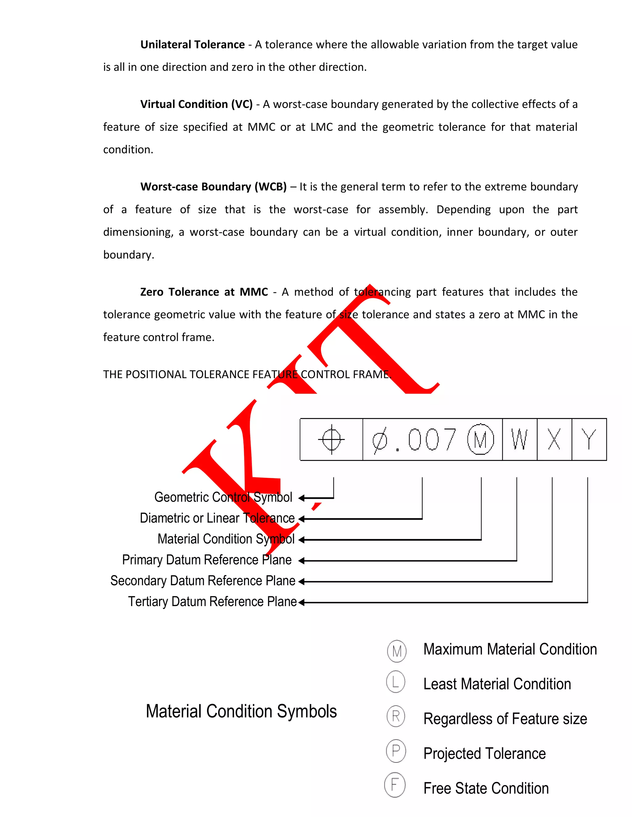 Unilateral Tolerance - A tolerance where the allowable variation from the target value
is all in one direction and zero in the other direction.
Virtual Condition (VC) - A worst-case boundary generated by the collective effects of a
feature of size specified at MMC or at LMC and the geometric tolerance for that material
condition.
Worst-case Boundary (WCB) – It is the general term to refer to the extreme boundary
of a feature of size that is the worst-case for assembly. Depending upon the part
dimensioning, a worst-case boundary can be a virtual condition, inner boundary, or outer
boundary.
Zero Tolerance at MMC - A method of tolerancing part features that includes the
tolerance geometric value with the feature of size tolerance and states a zero at MMC in the
feature control frame.
THE POSITIONAL TOLERANCE FEATURE CONTROL FRAME.
Geometric Control Symbol
Diametric or Linear Tolerance
Material Condition Symbol
Primary Datum Reference Plane
Secondary Datum Reference Plane
Tertiary Datum Reference Plane
Maximum Material Condition
Free State Condition
Projected Tolerance
Regardless of Feature size
Least Material Condition
Material Condition Symbols
 