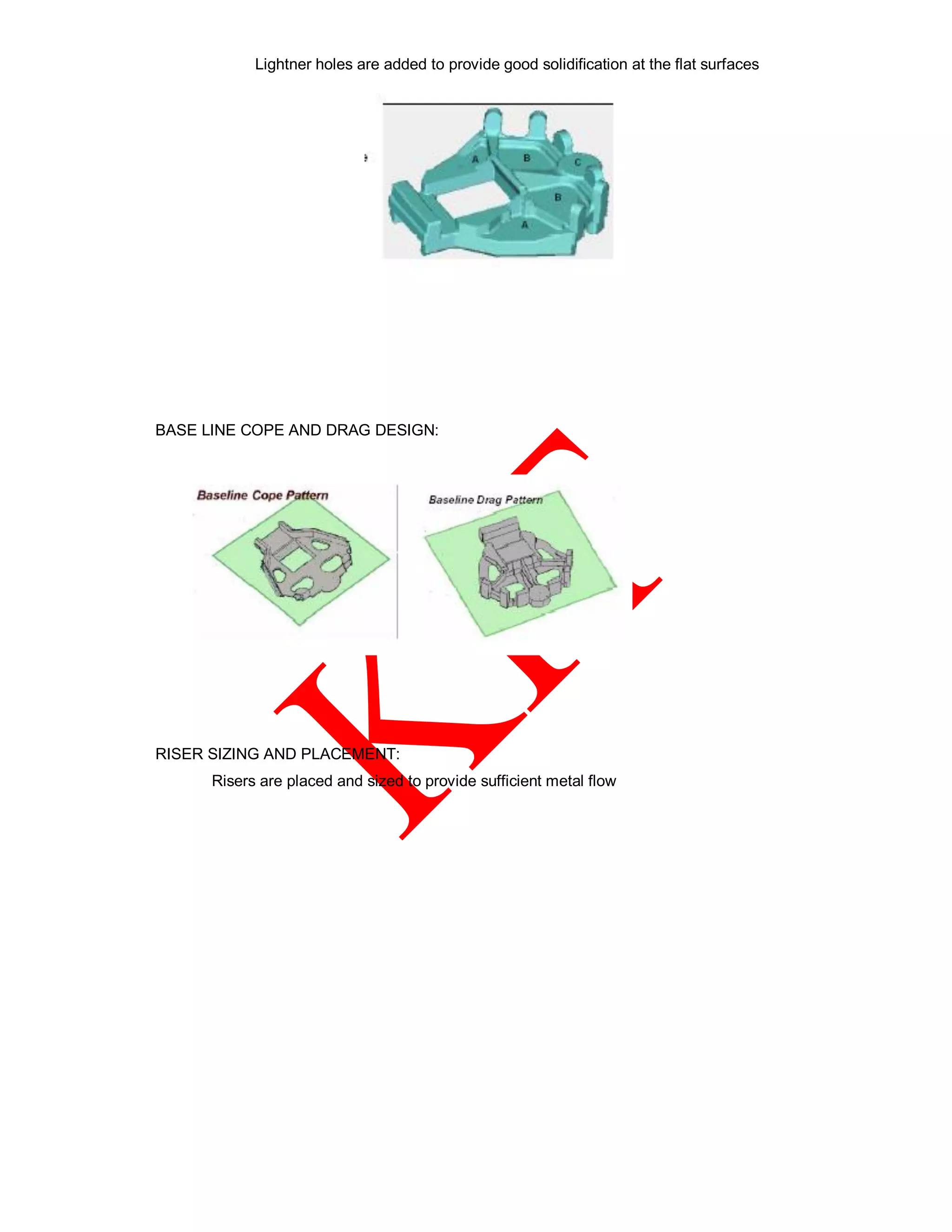Lightner holes are added to provide good solidification at the flat surfaces
BASE LINE COPE AND DRAG DESIGN:
RISER SIZING AND PLACEMENT:
Risers are placed and sized to provide sufficient metal flow
 
