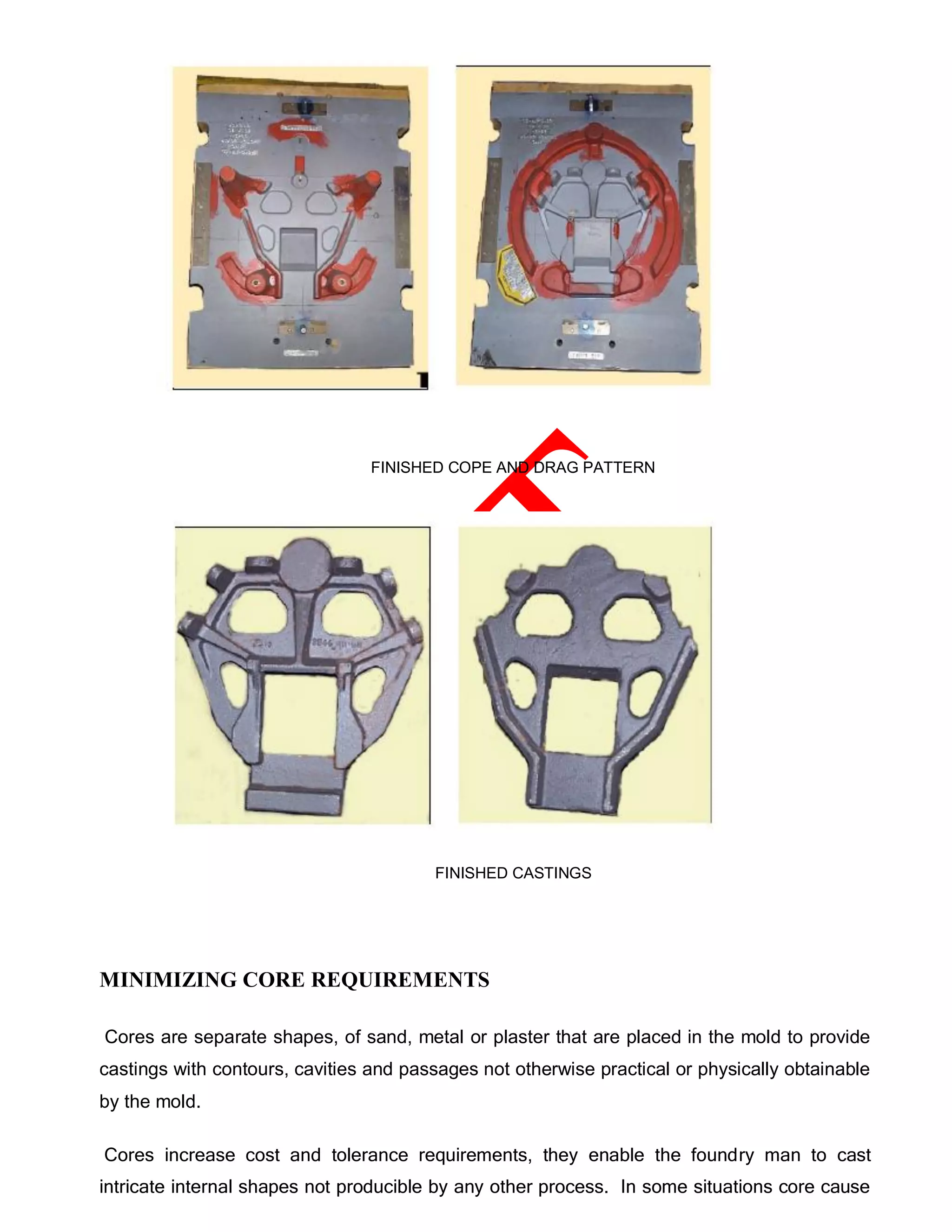 FINISHED COPE AND DRAG PATTERN
FINISHED CASTINGS
MINIMIZING CORE REQUIREMENTS
Cores are separate shapes, of sand, metal or plaster that are placed in the mold to provide
castings with contours, cavities and passages not otherwise practical or physically obtainable
by the mold.
Cores increase cost and tolerance requirements, they enable the foundry man to cast
intricate internal shapes not producible by any other process. In some situations core cause
 