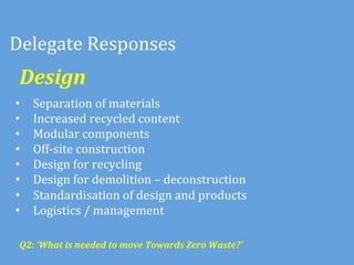Delegate	
  Responses	
  
 Design	
  
•    Separation	
  of	
  materials	
  
•    Increased	
  recycled	
  content	
  
•    Modular	
  components	
  	
  
•    Off-­‐site	
  construction	
  
•    Design	
  for	
  recycling	
  
•    Design	
  for	
  demolition	
  –	
  deconstruction	
  
•    Standardisation	
  of	
  design	
  and	
  products	
  
•    Logistics	
  /	
  management	
  

 Q2:	
  ‘What	
  is	
  needed	
  to	
  move	
  Towards	
  Zero	
  Waste?’	
  	
  
 