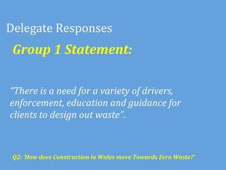 Delegate	
  Responses	
  
 Group	
  1	
  Statement:	
  

“There	
  is	
  a	
  need	
  for	
  a	
  variety	
  of	
  drivers,	
  	
  
enforcement,	
  education	
  and	
  guidance	
  for	
  	
  
clients	
  to	
  design	
  out	
  waste”.	
  



 Q2:	
  ‘How	
  does	
  Construction	
  in	
  Wales	
  move	
  Towards	
  Zero	
  Waste?’	
  	
  
 