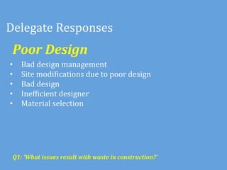 Delegate	
  Responses	
  
 Poor	
  Design	
  
•    Bad	
  design	
  management	
  
•    Site	
  modiMications	
  due	
  to	
  poor	
  design	
  	
  
•    Bad	
  design	
  
•    InefMicient	
  designer	
  	
  
•    Material	
  selection	
  	
  




 Q1:	
  ‘What	
  issues	
  result	
  with	
  waste	
  in	
  construction?’	
  	
  
 