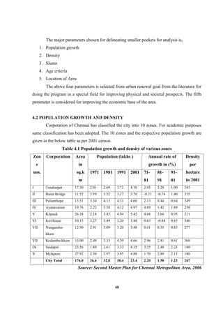 48
The major parameters chosen for delineating smaller pockets for analysis is,
1. Population growth
2. Density
3. Slums
4. Age criteria
5. Location of Area
The above four parameters is selected from urban renewal goal from the literature for
doing the program in a special field for improving physical and societal prospects. The fifth
parameter is considered for improving the economic base of the area.
4.2 POPULATION GROWTH AND DENSITY
Corporation of Chennai has classified the city into 10 zones. For academic purposes
same classification has been adopted. The 10 zones and the respective population growth are
given in the below table as per 2001 census.
Table 4.1 Population growth and density of various zones
Zon
e
nos.
Corporation Area
in
sq.k
m
Population (lakhs ) Annual rate of
growth in (%)
Density
per
hectare
in 2001
1971 1981 1991 2001 71-
81
81-
91
91-
01
I Tondiarpet 17.30 2.01 2.69 3.72 4.10 2.95 3.28 1.00 243
II Basin Bridge 11.52 3.59 3.52 3.27 3.76 -0.21 -0.74 1.40 335
III Pulianthope 13.51 3.34 4.13 4.31 4.60 2.13 0.44 0.64 349
IV Ayanavaram 19.76 2.22 3.58 4.12 4.97 4.89 1.42 1.89 258
V Kilpauk 26.38 2.18 3.45 4.94 5.42 4.68 3.66 0.93 211
VI Ice-House 10.15 3.27 3.49 3.20 3.48 0.63 -0.84 0.65 346
VII Nungamba-
kkam
12.90 2.91 3.09 3.20 3.48 0.61 0.35 0.83 277
VII Kodamba-kkam 13.00 2.48 3.33 4.39 4.66 2.96 2.81 0.61 368
IX Saidapet 23.56 1.89 2.61 3.33 4.15 3.25 2.48 2.23 180
X Mylapore 27.92 2.50 2.97 3.95 4.88 1.70 2.89 2.13 180
City Total 176.0 26.4 32.8 38.4 23.4 2.20 1.58 1.23 247
Source: Second Master Plan for Chennai Metropolitan Area, 2006
 