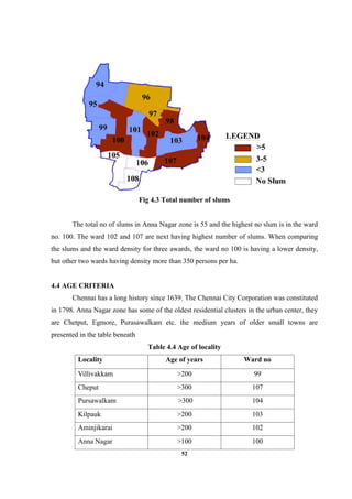 52
Fig 4.3 Total number of slums
The total no of slums in Anna Nagar zone is 55 and the highest no slum is in the ward
no. 100. The ward 102 and 107 are next having highest number of slums. When comparing
the slums and the ward density for three awards, the ward no 100 is having a lower density,
but other two wards having density more than 350 persons per ha.
4.4 AGE CRITERIA
Chennai has a long history since 1639. The Chennai City Corporation was constituted
in 1798. Anna Nagar zone has some of the oldest residential clusters in the urban center, they
are Chetput, Egmore, Purasawalkam etc. the medium years of older small towns are
presented in the table beneath
Table 4.4 Age of locality
Locality Age of years Ward no
Villivakkam >200 99
Cheput >300 107
Pursawalkam >300 104
Kilpauk >200 103
Aminjikarai >200 102
Anna Nagar >100 100
 