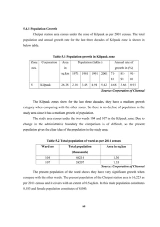 60
5.4.1 Population Growth
Chetput station area comes under the zone of Kilpauk as per 2001 census. The total
population and annual growth rate for the last three decades of Kilpauk zone is shown in
below table.
Table 5.1 Population growth in Kilpauk zone
Zone
nos.
Corporation Area
in
sq.km
Population (lakhs ) Annual rate of
growth in (%)
1971 1981 1991 2001 71-
81
81-
91
91-
01
V Kilpauk 26.38 2.18 3.45 4.94 5.42 4.68 3.66 0.93
Source: Corporation of Chennai
The Kilpauk zones show for the last three decades, they have a medium growth
category when comparing with the other zones. So there is no decline of population in the
study area since it has a medium growth of population.
The study area comes under the two wards 104 and 107 in the Kilpauk zone. Due to
change in the administrative boundary the comparison is of difficult, so the present
population gives the clear idea of the population in the study area.
Table 5.2 Total population of ward as per 2011 census
Ward no Total population
(thousands)
Area in sq.km
104 46214 1.30
107 38207 1.53
Source: Corporation of Chennai
The present population of the ward shows they have very significant growth when
compare with the other wards. The present population of the Chetput station area is 16,223 as
per 2011 census and it covers with an extent of 0.5sq.Km. In this male population constitutes
8,183 and female population constitutes of 8,040.
 