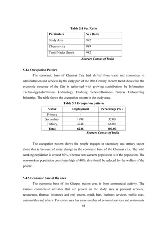 62
Table 5.4 Sex Ratio
Particulars Sex Raito
Study Area 982
Chennai city 989
Tamil Nadu( State) 982
Source: Census of India
5.4.4 Occupation Pattern
The economic base of Chennai City had shifted from trade and commerce to
administration and services by the early part of the 20th Century. Recent trend shows that the
economic structure of the City is tertiarised with growing contributions by Information
Technology/Information Technology Enabling Service/Business Process Outsourcing
Industries. The table shows the occupation pattern in the study area.
Table 5.5 Occupation pattern
Sector Employment Percentage (%)
Primary - -
Secondary 1998 32.00
Tertiary 4248 68.00
Total 6246 100.00
Source: Census of India
The occupation pattern shows the people engages in secondary and tertiary sector
alone this is because of more change in the economic base of the Chennai city. The total
working population is around 60%, whereas non-workers population is of the population. The
non-workers population constitutes high of 40%, this should be reduced for the welfare of the
people.
5.4.5 Economic base of the area
The economic base of the Chetput station area is from commercial activity. The
various commercial activities that are present in the study area is personal services,
restaurants, finance, insurance and real estates, retail, bars, business services, public uses,
automobiles and others. The entire area has more number of personal services and restaurants
 