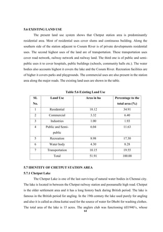 64
5.6 EXISTING LAND USE
The present land use system shows that Chetput station area is predominantly
residential area. Most of residential uses cover slums and continuous building. Along the
southern side of the station adjacent to Cooum River is of private developments residential
uses. The second highest uses of the land are of transportation. These transportation uses
cover road network, railway network and railway land. The third one is of public and semi-
public uses it to cover hospitals, public buildings (schools, community halls etc.). The water
bodies also accounts highest it covers the lake and the Cooum River. Recreation facilities are
of higher it covers parks and playgrounds. The commercial uses are also present in the station
area along the major roads. The existing land uses are shown in the table.
Table 5.6 Existing Land Use
SI.
No.
Land Use Area in ha Percentage to the
total area (%)
1 Residential 18.12 34.91
2 Commercial 3.32 6.40
3 Industries 1.00 1.93
4 Public and Semi-
public
6.04 11.63
5 Recreation 8.98 17.30
6 Water body 4.30 8.28
7 Transportation 10.15 19.55
Total 51.91 100.00
5.7 IDENTITY OF CHETPUT STATION AREA
5.7.1 Chetput Lake
The Chetput Lake is one of the last surviving of natural water bodies in Chennai city.
The lake is located in between the Chetput railway station and poonamalle high road. Chetput
is the older settlement area and it has a long history back during British period. The lake is
famous in the British period for angling. In the 19th century the lake used purely for angling
and also it is called as china kuttai used for the source of water for Dhobi for washing clothes.
The total area of the lake is 15 acres. The anglers club was functioning till1940’s, whose
 