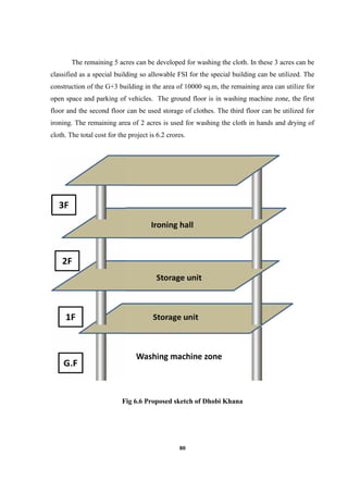 80
The remaining 5 acres can be developed for washing the cloth. In these 3 acres can be
classified as a special building so allowable FSI for the special building can be utilized. The
construction of the G+3 building in the area of 10000 sq.m, the remaining area can utilize for
open space and parking of vehicles. The ground floor is in washing machine zone, the first
floor and the second floor can be used storage of clothes. The third floor can be utilized for
ironing. The remaining area of 2 acres is used for washing the cloth in hands and drying of
cloth. The total cost for the project is 6.2 crores.
Fig 6.6 Proposed sketch of Dhobi Khana
80
The remaining 5 acres can be developed for washing the cloth. In these 3 acres can be
classified as a special building so allowable FSI for the special building can be utilized. The
construction of the G+3 building in the area of 10000 sq.m, the remaining area can utilize for
open space and parking of vehicles. The ground floor is in washing machine zone, the first
floor and the second floor can be used storage of clothes. The third floor can be utilized for
ironing. The remaining area of 2 acres is used for washing the cloth in hands and drying of
cloth. The total cost for the project is 6.2 crores.
Fig 6.6 Proposed sketch of Dhobi Khana
80
The remaining 5 acres can be developed for washing the cloth. In these 3 acres can be
classified as a special building so allowable FSI for the special building can be utilized. The
construction of the G+3 building in the area of 10000 sq.m, the remaining area can utilize for
open space and parking of vehicles. The ground floor is in washing machine zone, the first
floor and the second floor can be used storage of clothes. The third floor can be utilized for
ironing. The remaining area of 2 acres is used for washing the cloth in hands and drying of
cloth. The total cost for the project is 6.2 crores.
Fig 6.6 Proposed sketch of Dhobi Khana
 