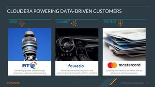 © 2019 Cloudera, Inc. All rights reserved. 10
CLOUDERA POWERING DATA-DRIVEN CUSTOMERS
GROW CONNECT PROTECT
Reducing manufacturing costs and
improving product quality with IoT analytics
Creating new revenue streams with an
advanced anti-fraud solution
Delivering greater value through
improved customer understanding
 