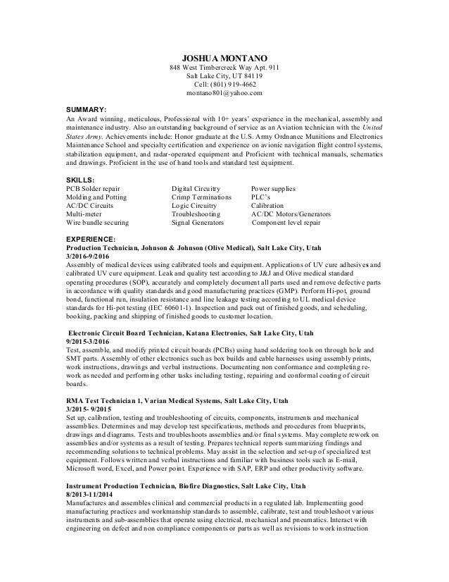 joshua montano resume electronic assembler resume sample