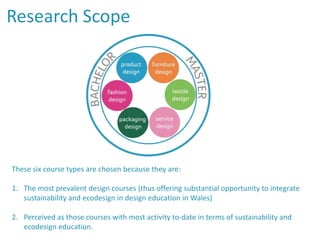 Research Scope
These six course types are chosen because they are:
1. The most prevalent design courses (thus offering substantial opportunity to integrate
sustainability and ecodesign in design education in Wales)
2. Perceived as those courses with most activity to-date in terms of sustainability and
ecodesign education.
 