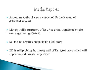 According to the charge sheet out of Rs 5,400 crore of
defaulted amount
 Money trail is suspected of Rs 1,400 crore, transacted on the
exchange during 2009- 13
 So, the net default amount is Rs 4,000 crore
 ED is still probing the money trail of Rs. 1,400 crore which will
appear in additional charge sheet
 