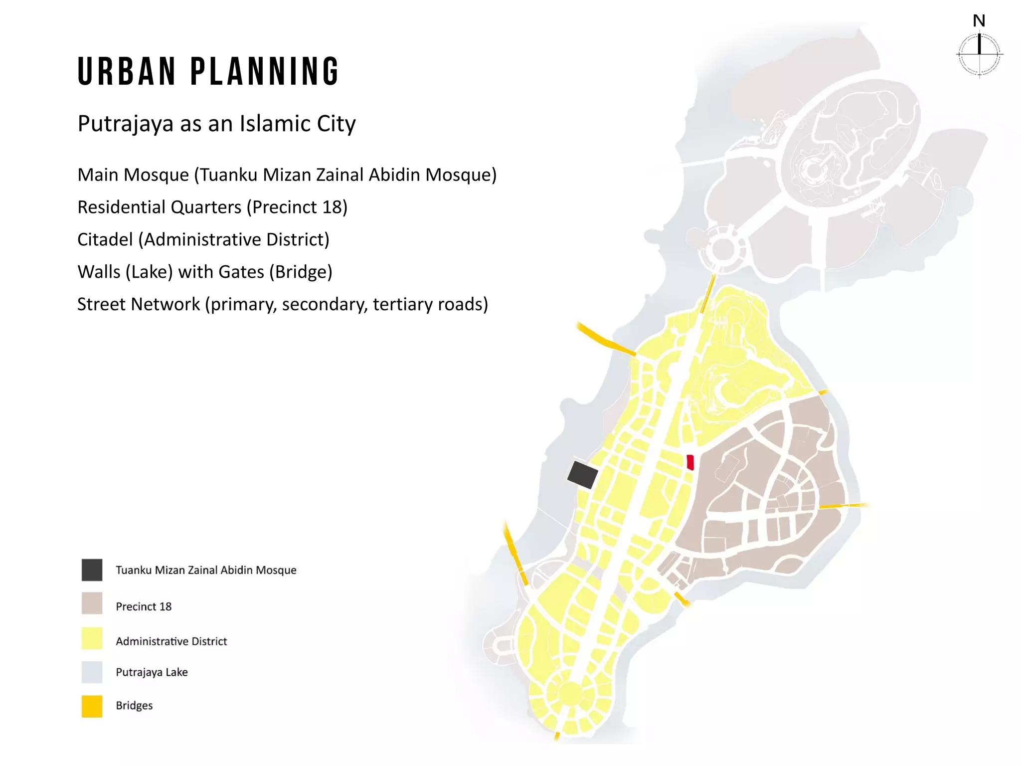 Putrajaya as an Islamic City
Main Mosque (Tuanku Mizan Zainal Abidin Mosque)
Residential Quarters (Precinct 18)
Citadel (Administrative District)
Walls (Lake) with Gates (Bridge)
Street Network (primary, secondary, tertiary roads)
 