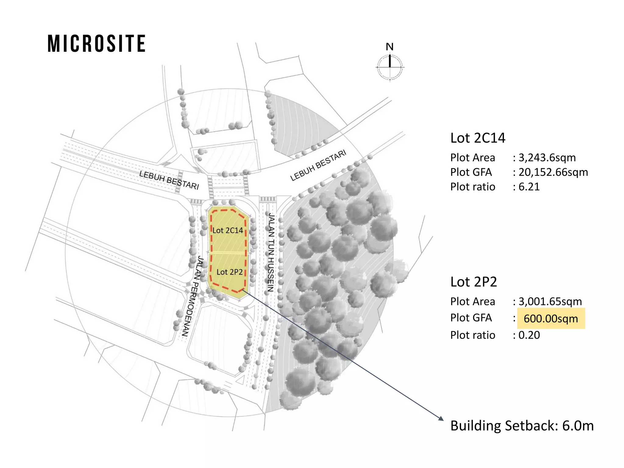 Lot 2C14
Plot Area : 3,243.6sqm
Plot GFA : 20,152.66sqm
Plot ratio : 6.21
Lot 2P2
Plot Area : 3,001.65sqm
Plot GFA :
Plot ratio : 0.20
Building Setback: 6.0m
600.00sqm
 