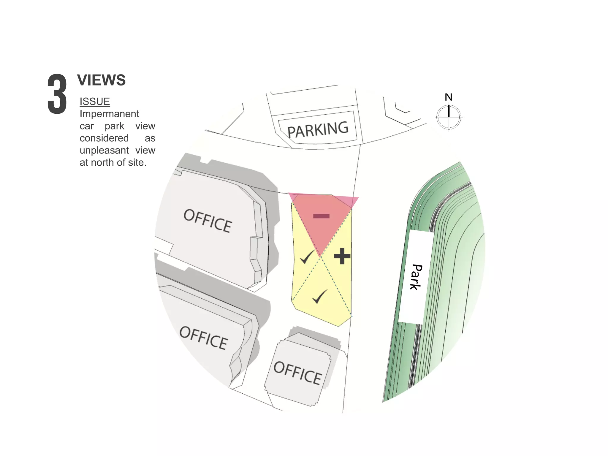 ISSUE
Impermanent
car park view
considered as
unpleasant view
at north of site.
VIEWS
 