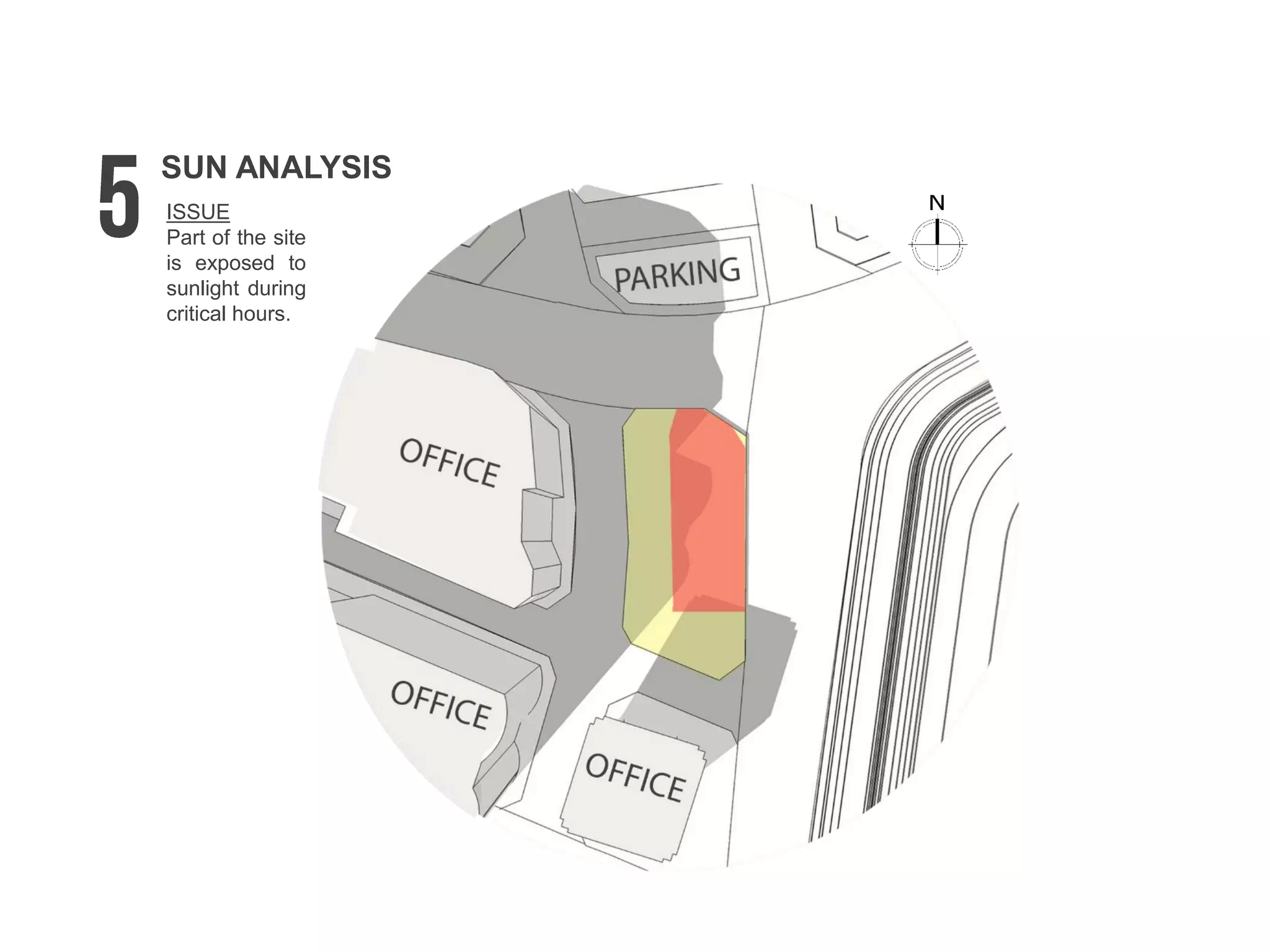 ISSUE
Part of the site
is exposed to
sunlight during
critical hours.
SUN ANALYSIS
 