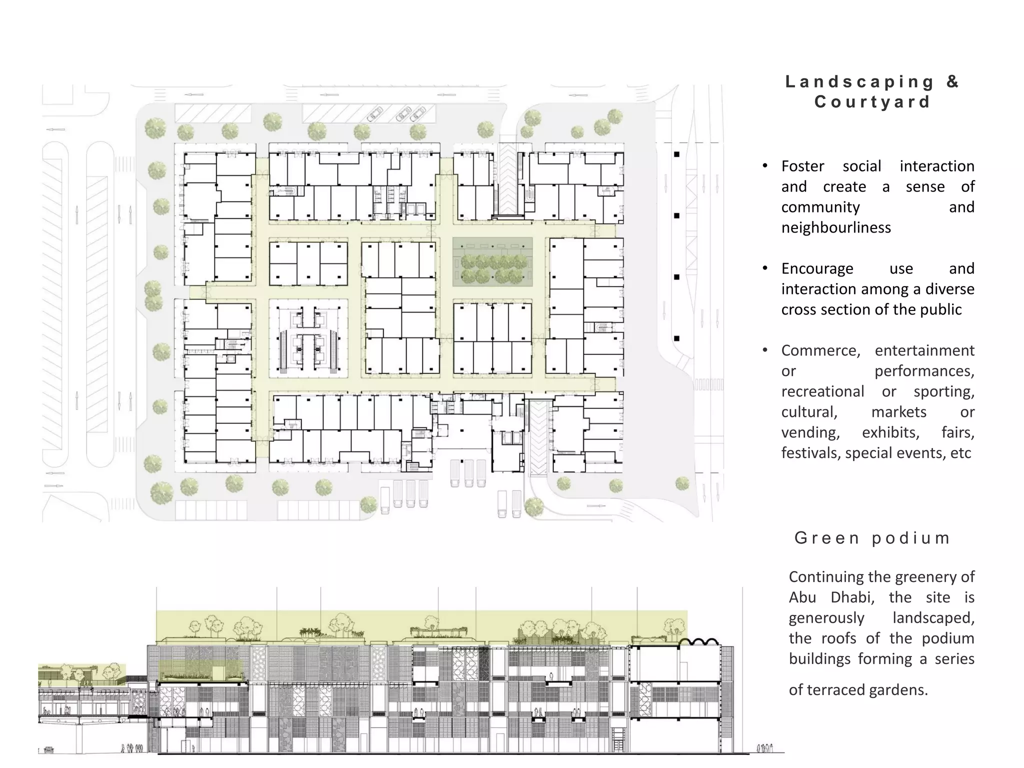 • Foster social interaction
and create a sense of
community and
neighbourliness
• Encourage use and
interaction among a diverse
cross section of the public
• Commerce, entertainment
or performances,
recreational or sporting,
cultural, markets or
vending, exhibits, fairs,
festivals, special events, etc
Continuing the greenery of
Abu Dhabi, the site is
generously landscaped,
the roofs of the podium
buildings forming a series
of terraced gardens.
G r e e n p o d i u m
L a n d s c a p i n g &
C o u r t y a r d
 