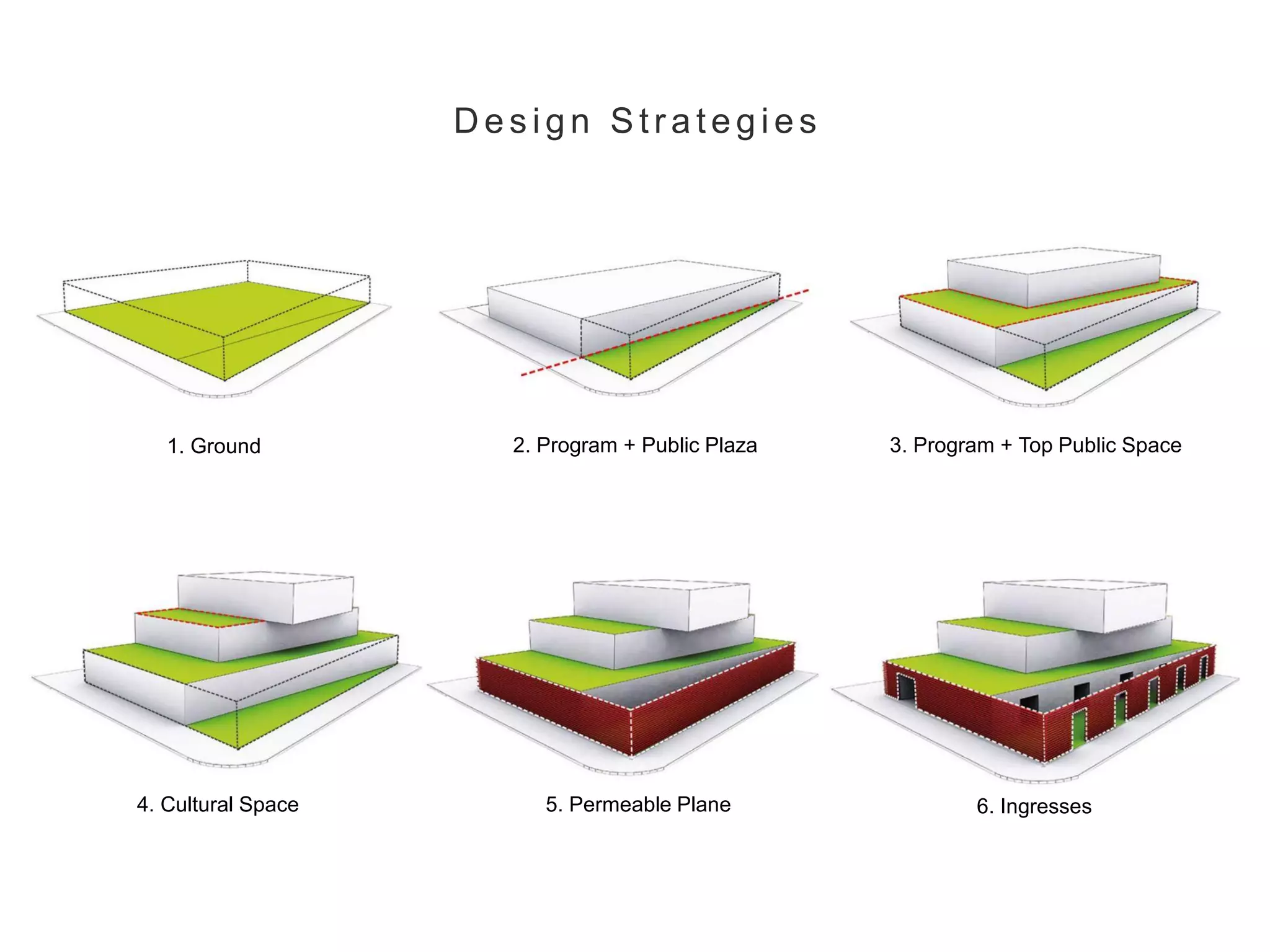1. Ground 2. Program + Public Plaza 3. Program + Top Public Space
4. Cultural Space 5. Permeable Plane 6. Ingresses
D e s ig n Str a te g ie s
 
