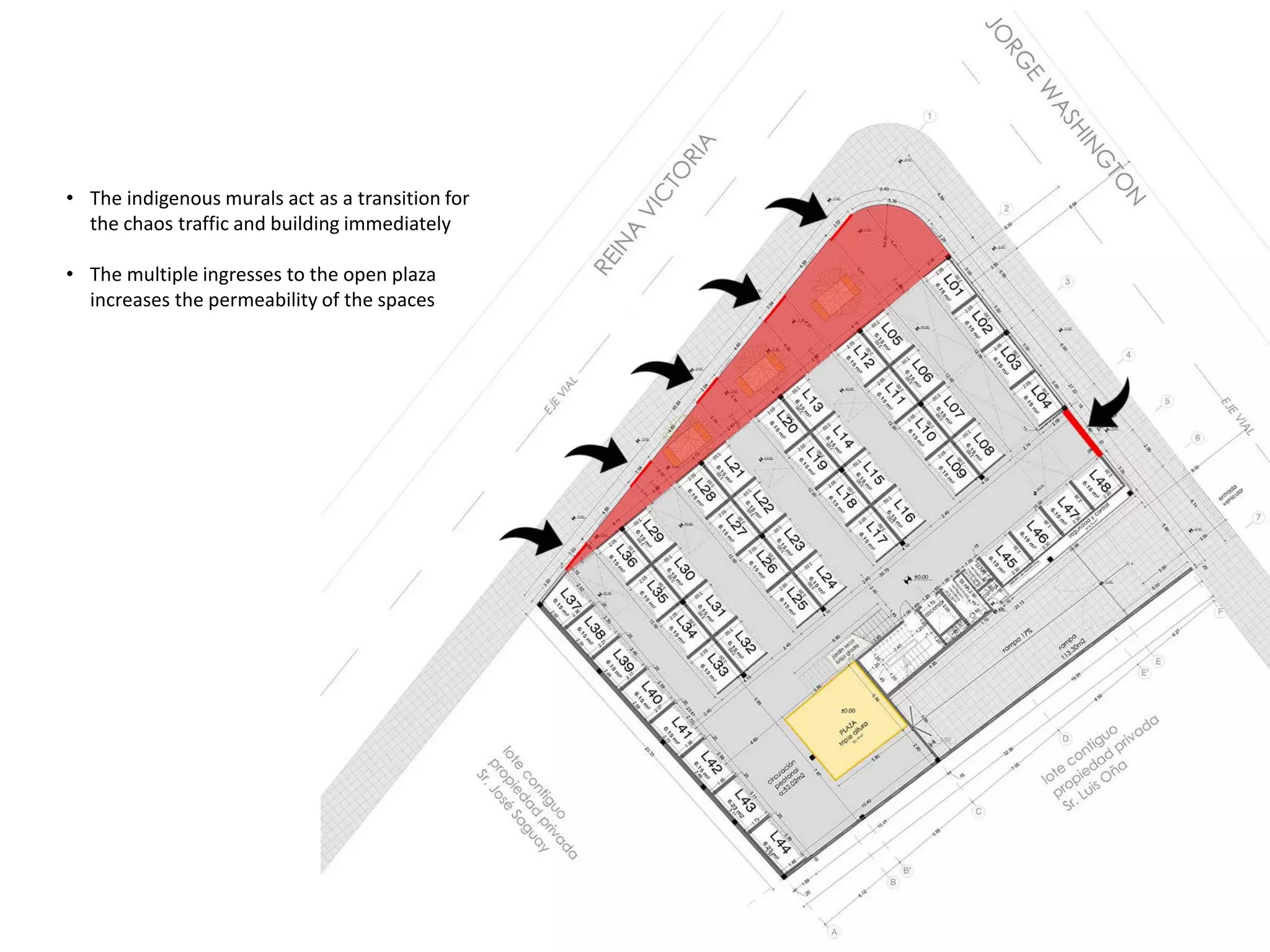 • The indigenous murals act as a transition for
the chaos traffic and building immediately
• The multiple ingresses to the open plaza
increases the permeability of the spaces
 