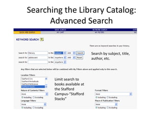 Searching the Library Catalog:
      Advanced Search


                            Search by subject, title,
                            author, etc.




       Limit search to
       books available at
       the Stafford
       Campus-“Stafford
       Stacks”
 