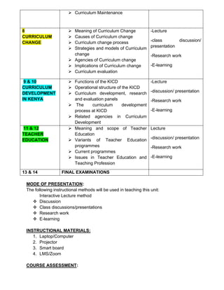 ➢ Curriculum Maintenance
8
CURRICULUM
CHANGE
➢ Meaning of Curriculum Change
➢ Causes of Curriculum change
➢ Curriculum change process
➢ Strategies and models of Curriculum
change
➢ Agencies of Curriculum change
➢ Implications of Curriculum change
➢ Curriculum evaluation
-Lecture
-class discussion/
presentation
-Research work
-E-learning
9 & 10
CURRICULUM
DEVELOPMENT
IN KENYA
➢ Functions of the KICD
➢ Operational structure of the KICD
➢ Curriculum development, research
and evaluation panels
➢ The curriculum development
process at KICD
➢ Related agencies in Curriculum
Development
-Lecture
-discussion/ presentation
-Research work
-E-learning
11 & 12
TEACHER
EDUCATION
➢ Meaning and scope of Teacher
Education
➢ Variants of Teacher Education
programmes
➢ Current programmes
➢ Issues in Teacher Education and
Teaching Profession
Lecture
-discussion/ presentation
-Research work
-E-learning
13 & 14 FINAL EXAMINATIONS
MODE OF PRESENTATION:
The following instructional methods will be used in teaching this unit:
Interactive Lecture method
❖ Discussion
❖ Class discussions/presentations
❖ Research work
❖ E-learning
INSTRUCTIONAL MATERIALS:
1. Laptop/Computer
2. Projector
3. Smart board
4. LMS/Zoom
COURSE ASSESSMENT:
 