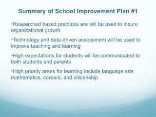 Summary of School Improvement Plan #1Researched based practices are will be used to insure organizational growth