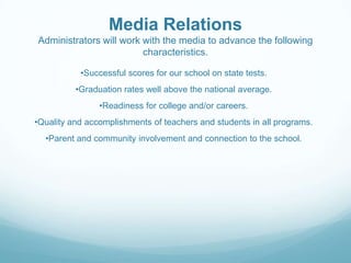 High ExpectationsWe believe the school should provide support for each individual learner, setting goals and holding high expectations.Collaboration Among All ParticipantsWe believe parents and community members should actively participate in the education of students.