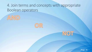 Page 15
4. Join terms and concepts with appropriate
Boolean operators
 