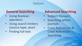 Page 9
Options
General Searching
• Using Boolean
operators
• Using search limiters
(source type, year)
• Finding full text
Advanced Searching
• Subject thesauri
• Searching within
journals
• Cross References &
Cited Reference
Searching
 
