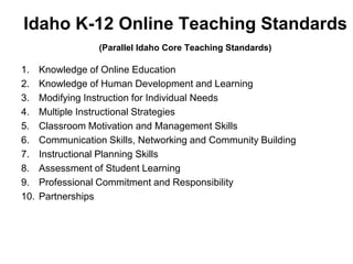 Idaho K-12 Online Teaching Standards
                  (Parallel Idaho Core Teaching Standards)

1.    Knowledge of Online Education
2.    Knowledge of Human Development and Learning
3.    Modifying Instruction for Individual Needs
4.    Multiple Instructional Strategies
5.    Classroom Motivation and Management Skills
6.    Communication Skills, Networking and Community Building
7.    Instructional Planning Skills
8.    Assessment of Student Learning
9.    Professional Commitment and Responsibility
10.   Partnerships
 