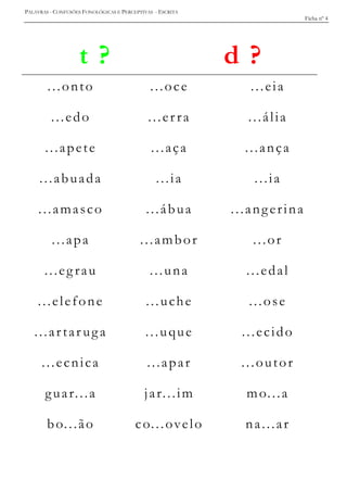 PALAVRAS - CONFUSÕES FONOLÓGICAS E PERCEPTIVAS - ESCRITA
Ficha nº 4
t ? d ?
...onto ...oce ...eia
...edo ...er ra ...ália
...apete ...aça ...ança
...abuada ...ia ...ia
...amasco ...ábua ...angerina
...apa ...ambor ...or
...eg rau ...una ...edal
...elefone ...uche ...ose
...artar uga ...uque ...ecido
...ecnica ...apar ...outor
guar...a jar...im mo...a
bo...ão co...ovelo na...ar
 