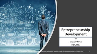 Entrepreneurship
Development
By
Dr.D.RAVINDER
MBA, PhD.
20-09-2021 Dr.D.RAVINDER, Associate Professor, Depot of Business Management, Vaagdevi College of Engineering (ravinder.d17@gmail.com) 1
 