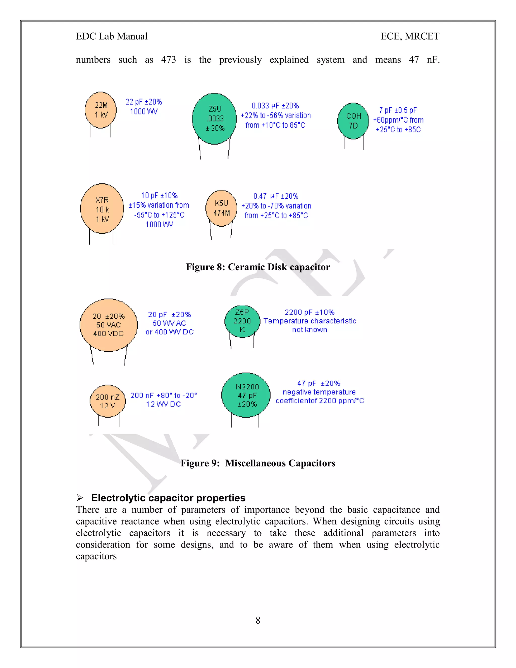 EDC Lab Manual ECE, MRCET
8
numbers such as 473 is the previously explained system and means 47 nF.
Figure 8: Ceramic Disk capacitor
Figure 9: Miscellaneous Capacitors
 Electrolytic capacitor properties
There are a number of parameters of importance beyond the basic capacitance and
capacitive reactance when using electrolytic capacitors. When designing circuits using
electrolytic capacitors it is necessary to take these additional parameters into
consideration for some designs, and to be aware of them when using electrolytic
capacitors
 