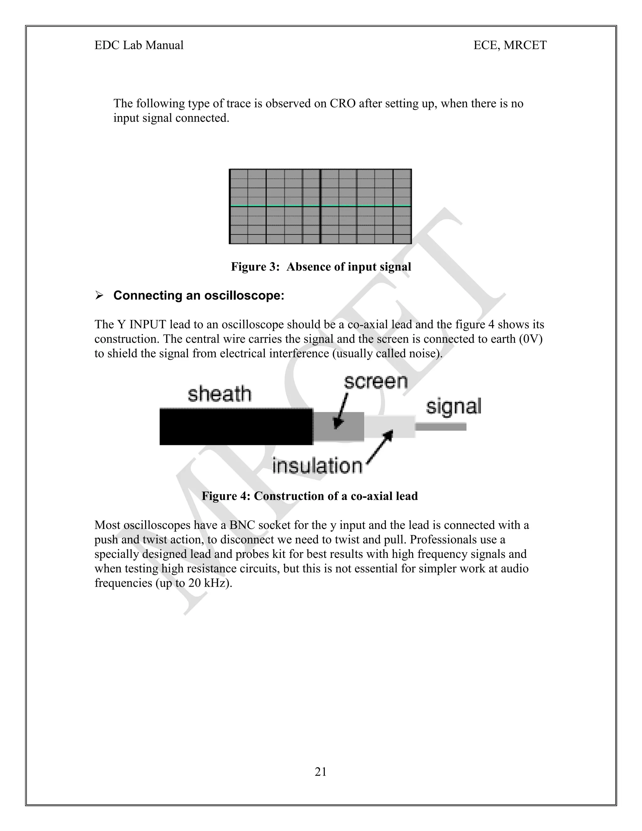EDC Lab Manual ECE, MRCET
21
The following type of trace is observed on CRO after setting up, when there is no
input signal connected.
Figure 3: Absence of input signal
 Connecting an oscilloscope:
The Y INPUT lead to an oscilloscope should be a co-axial lead and the figure 4 shows its
construction. The central wire carries the signal and the screen is connected to earth (0V)
to shield the signal from electrical interference (usually called noise).
Figure 4: Construction of a co-axial lead
Most oscilloscopes have a BNC socket for the y input and the lead is connected with a
push and twist action, to disconnect we need to twist and pull. Professionals use a
specially designed lead and probes kit for best results with high frequency signals and
when testing high resistance circuits, but this is not essential for simpler work at audio
frequencies (up to 20 kHz).
 