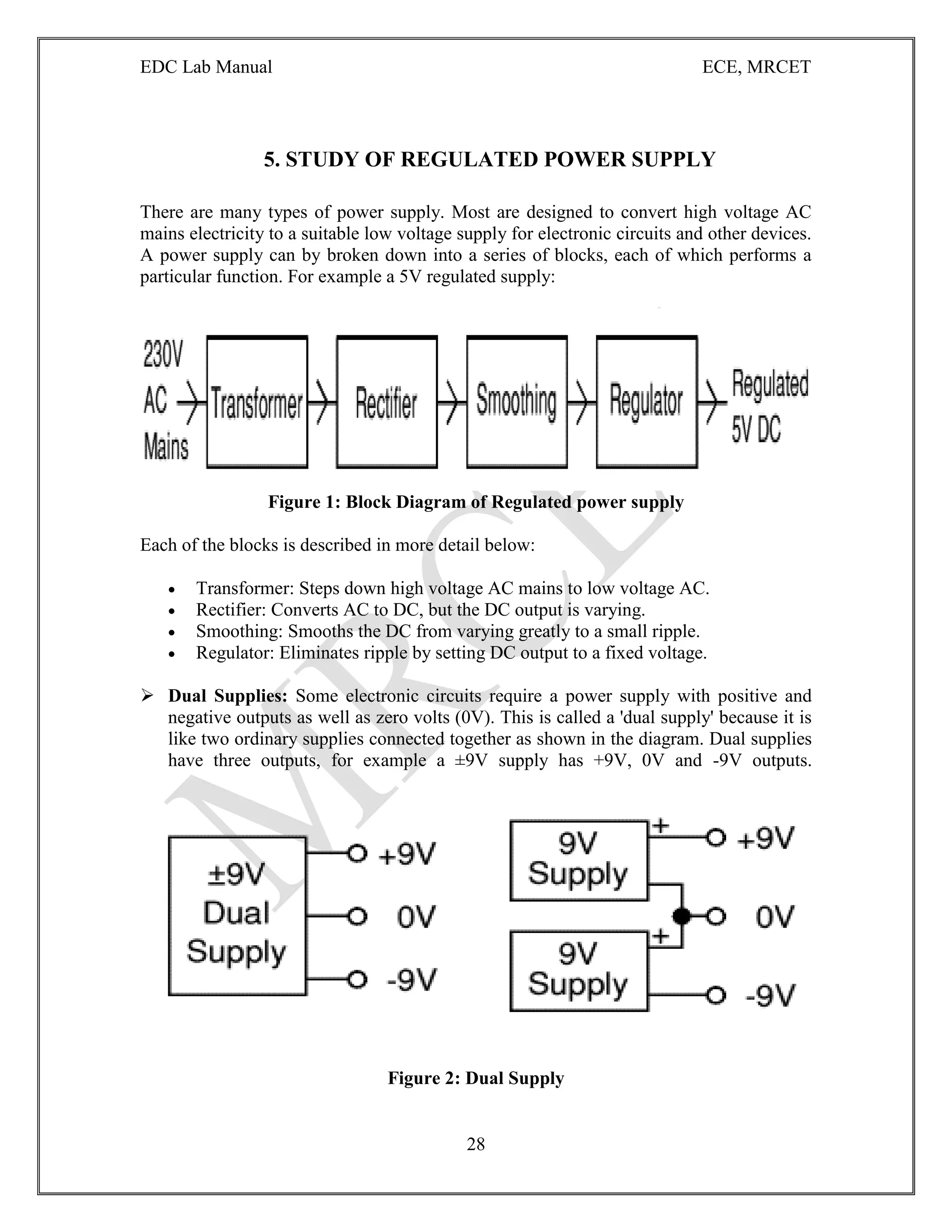 EDC Lab Manual ECE, MRCET
28
5. STUDY OF REGULATED POWER SUPPLY
There are many types of power supply. Most are designed to convert high voltage AC
mains electricity to a suitable low voltage supply for electronic circuits and other devices.
A power supply can by broken down into a series of blocks, each of which performs a
particular function. For example a 5V regulated supply:
Figure 1: Block Diagram of Regulated power supply
Each of the blocks is described in more detail below:
 Transformer: Steps down high voltage AC mains to low voltage AC.
 Rectifier: Converts AC to DC, but the DC output is varying.
 Smoothing: Smooths the DC from varying greatly to a small ripple.
 Regulator: Eliminates ripple by setting DC output to a fixed voltage.
 Dual Supplies: Some electronic circuits require a power supply with positive and
negative outputs as well as zero volts (0V). This is called a 'dual supply' because it is
like two ordinary supplies connected together as shown in the diagram. Dual supplies
have three outputs, for example a ±9V supply has +9V, 0V and -9V outputs.
Figure 2: Dual Supply
 