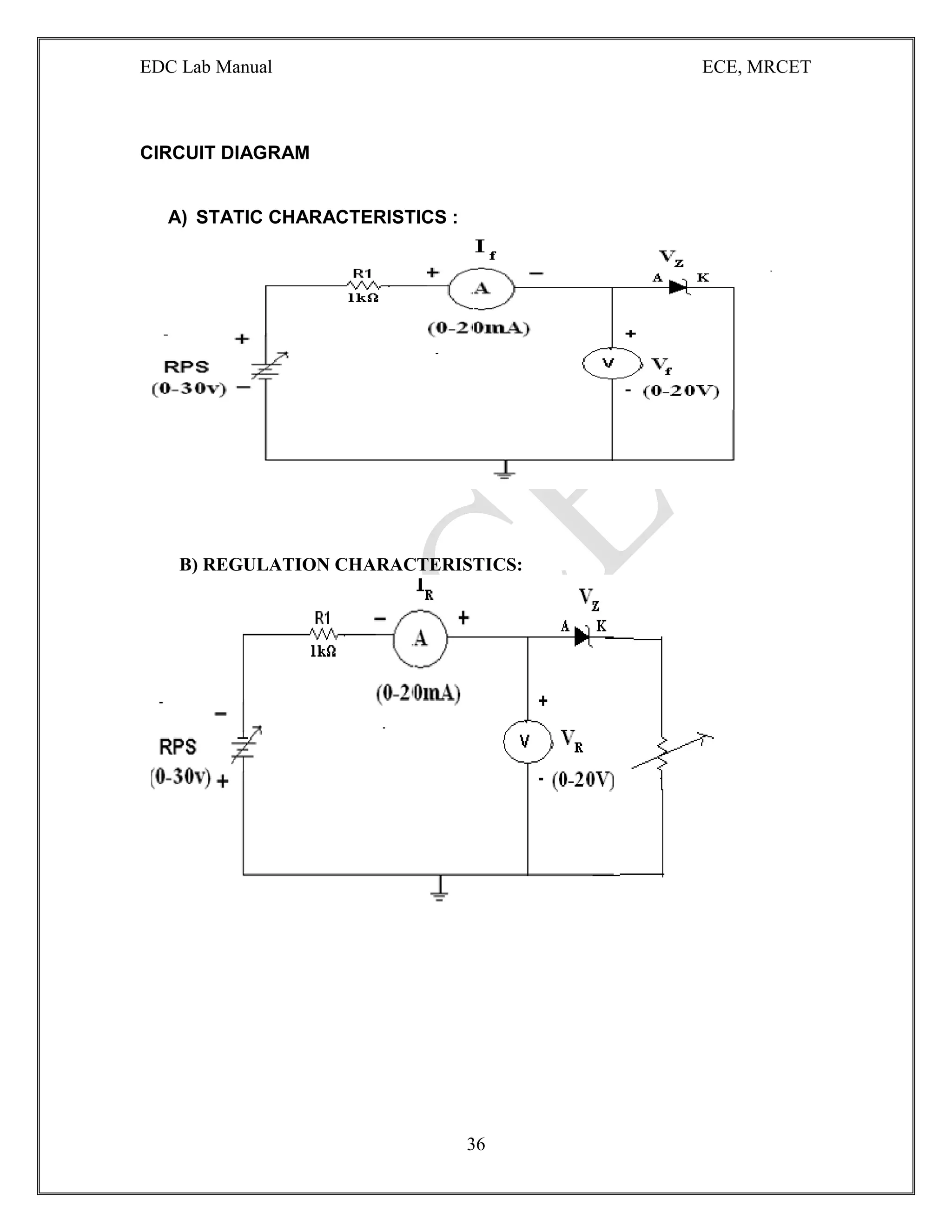 EDC Lab Manual ECE, MRCET
36
CIRCUIT DIAGRAM
A) STATIC CHARACTERISTICS :
B) REGULATION CHARACTERISTICS:
 
