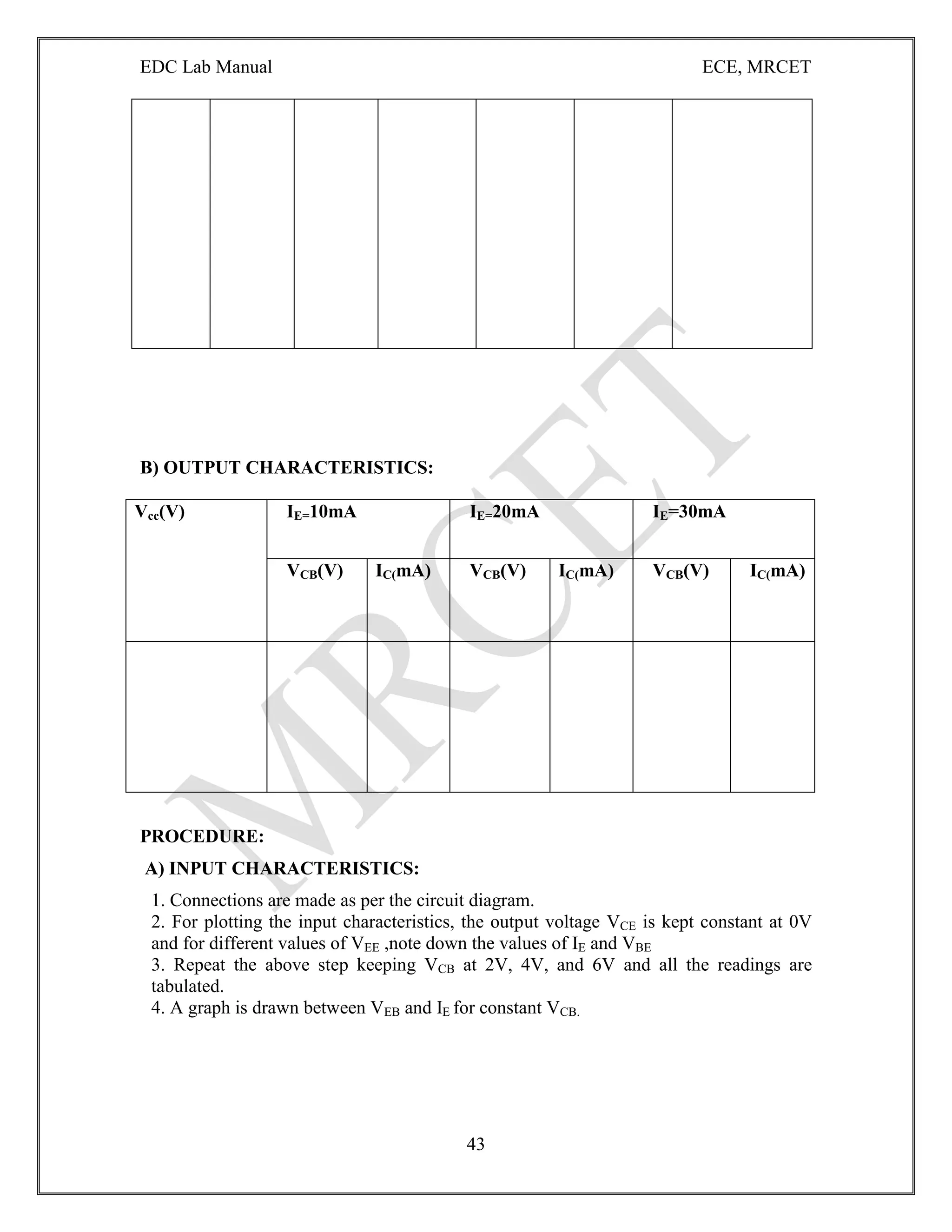EDC Lab Manual ECE, MRCET
43
B) OUTPUT CHARACTERISTICS:
Vcc(V) IE=10mA IE=20mA IE=30mA
VCB(V) IC(mA) VCB(V) IC(mA) VCB(V) IC(mA)
PROCEDURE:
A) INPUT CHARACTERISTICS:
1. Connections are made as per the circuit diagram.
2. For plotting the input characteristics, the output voltage VCE is kept constant at 0V
and for different values of VEE ,note down the values of IE and VBE
3. Repeat the above step keeping VCB at 2V, 4V, and 6V and all the readings are
tabulated.
4. A graph is drawn between VEB and IE for constant VCB.
 