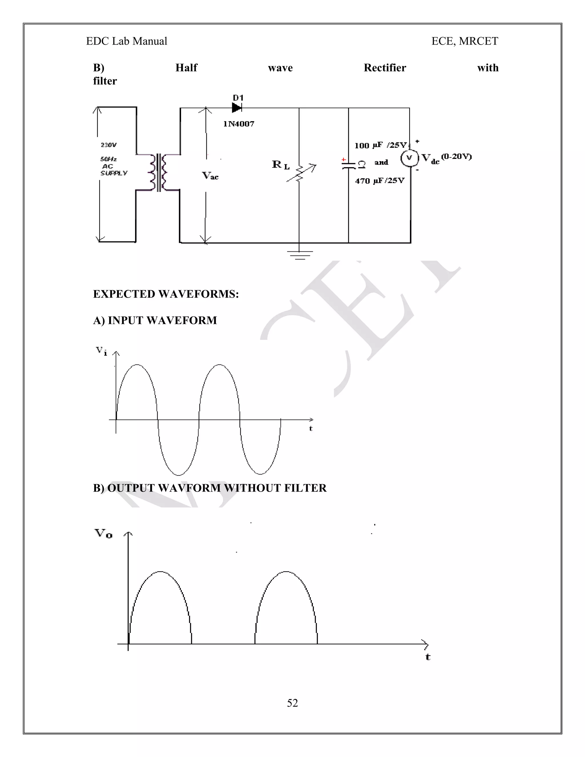 EDC Lab Manual ECE, MRCET
52
B) Half wave Rectifier with
filter
EXPECTED WAVEFORMS:
A) INPUT WAVEFORM
B) OUTPUT WAVFORM WITHOUT FILTER
 