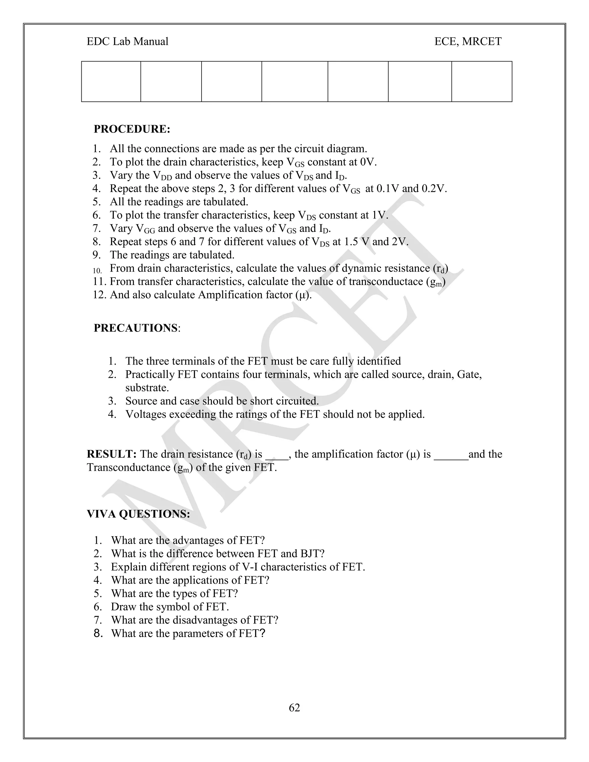 EDC Lab Manual ECE, MRCET
62
PROCEDURE:
1. All the connections are made as per the circuit diagram.
2. To plot the drain characteristics, keep VGS constant at 0V.
3. Vary the VDD and observe the values of VDS and ID.
4. Repeat the above steps 2, 3 for different values of VGS at 0.1V and 0.2V.
5. All the readings are tabulated.
6. To plot the transfer characteristics, keep VDS constant at 1V.
7. Vary VGG and observe the values of VGS and ID.
8. Repeat steps 6 and 7 for different values of VDS at 1.5 V and 2V.
9. The readings are tabulated.
10. From drain characteristics, calculate the values of dynamic resistance (rd)
11. From transfer characteristics, calculate the value of transconductace (gm)
12. And also calculate Amplification factor (μ).
PRECAUTIONS:
1. The three terminals of the FET must be care fully identified
2. Practically FET contains four terminals, which are called source, drain, Gate,
substrate.
3. Source and case should be short circuited.
4. Voltages exceeding the ratings of the FET should not be applied.
RESULT: The drain resistance (rd) is ____, the amplification factor (μ) is ______and the
Transconductance (gm) of the given FET.
VIVA QUESTIONS:
1. What are the advantages of FET?
2. What is the difference between FET and BJT?
3. Explain different regions of V-I characteristics of FET.
4. What are the applications of FET?
5. What are the types of FET?
6. Draw the symbol of FET.
7. What are the disadvantages of FET?
8. What are the parameters of FET?
 