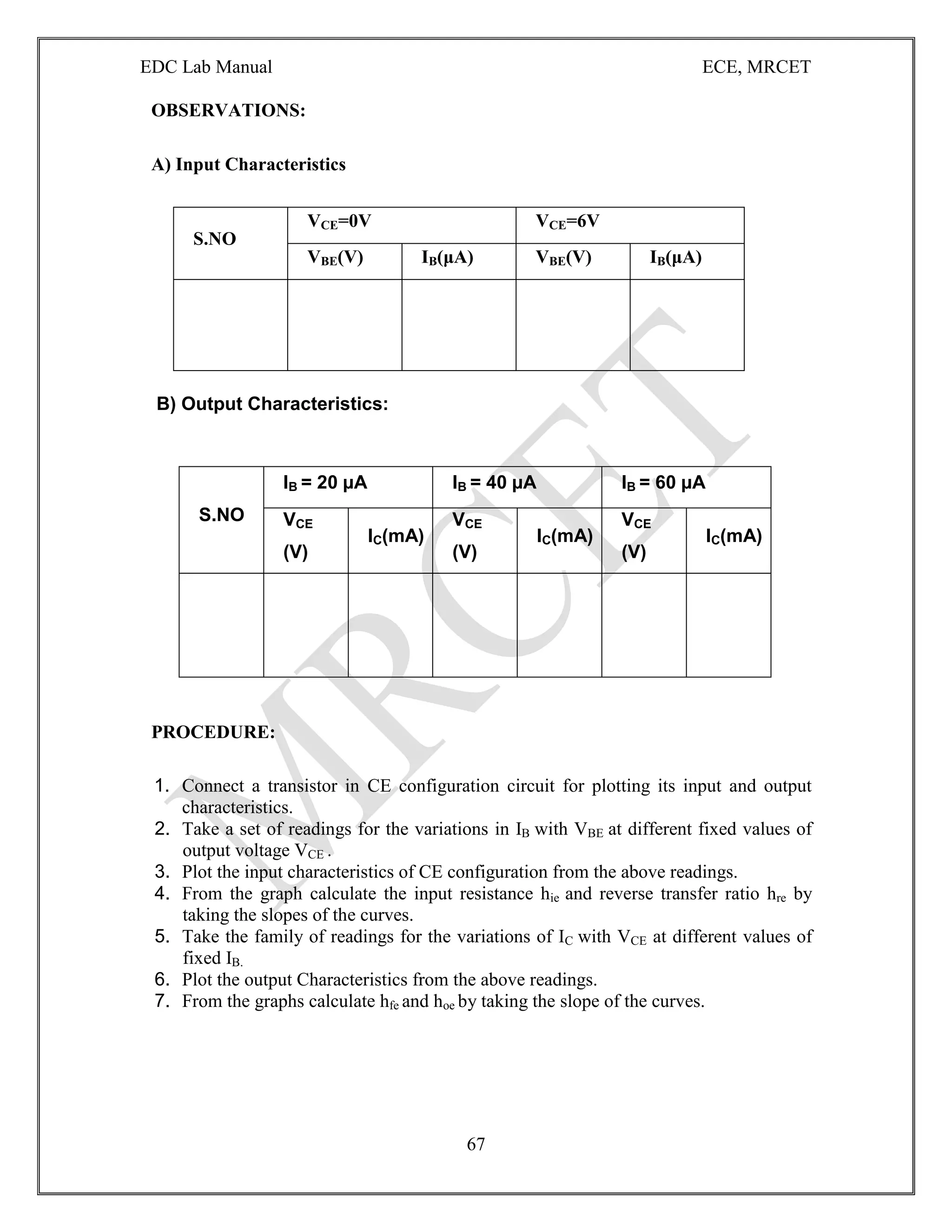 EDC Lab Manual ECE, MRCET
67
OBSERVATIONS:
A) Input Characteristics
S.NO
VCE=0V VCE=6V
VBE(V) IB(μA) VBE(V) IB(μA)
B) Output Characteristics:
PROCEDURE:
1. Connect a transistor in CE configuration circuit for plotting its input and output
characteristics.
2. Take a set of readings for the variations in IB with VBE at different fixed values of
output voltage VCE .
3. Plot the input characteristics of CE configuration from the above readings.
4. From the graph calculate the input resistance hie and reverse transfer ratio hre by
taking the slopes of the curves.
5. Take the family of readings for the variations of IC with VCE at different values of
fixed IB.
6. Plot the output Characteristics from the above readings.
7. From the graphs calculate hfe and hoe by taking the slope of the curves.
S.NO
IB = 20 µA IB = 40 µA IB = 60 µA
VCE
(V)
IC(mA)
VCE
(V)
IC(mA)
VCE
(V)
IC(mA)
 