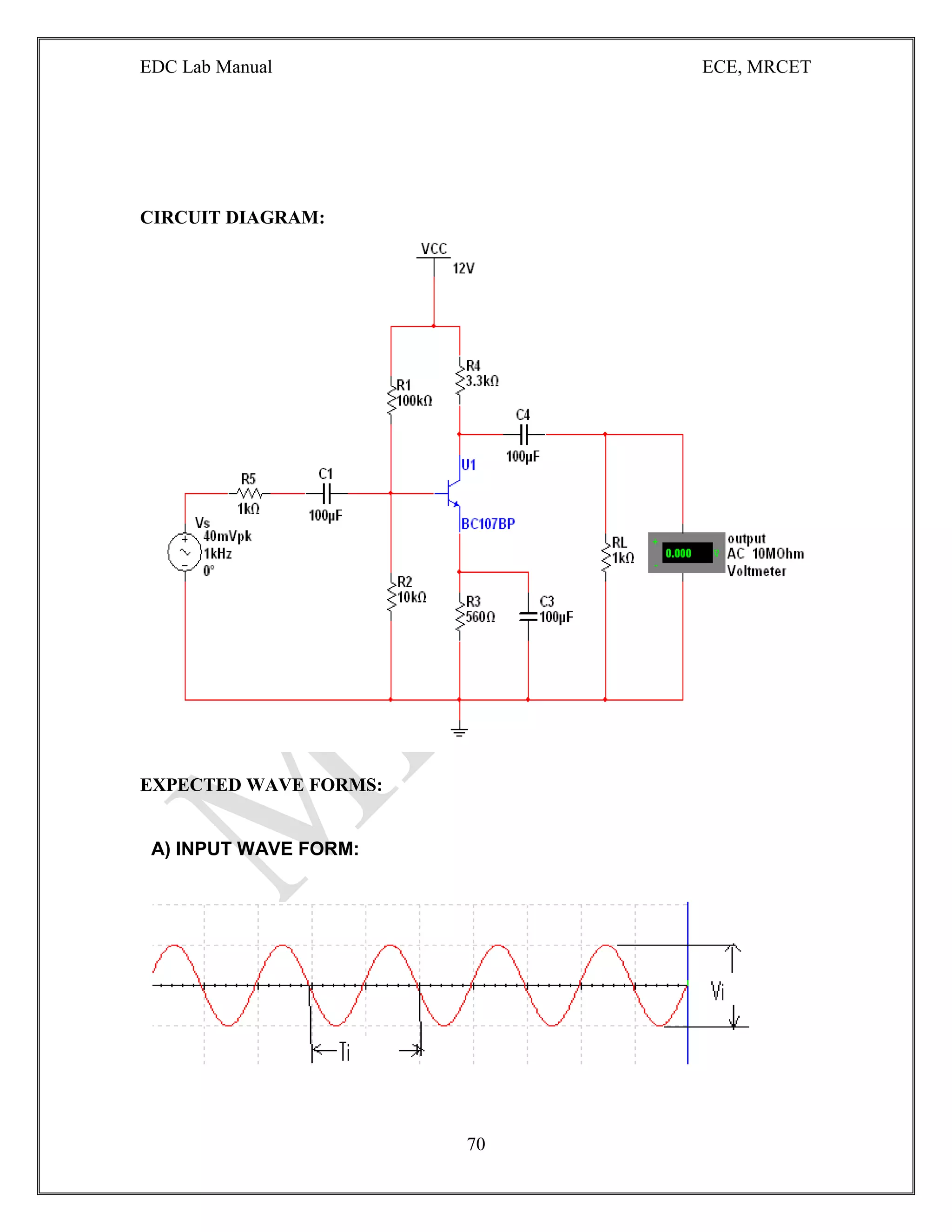 EDC Lab Manual ECE, MRCET
70
CIRCUIT DIAGRAM:
EXPECTED WAVE FORMS:
A) INPUT WAVE FORM:
 