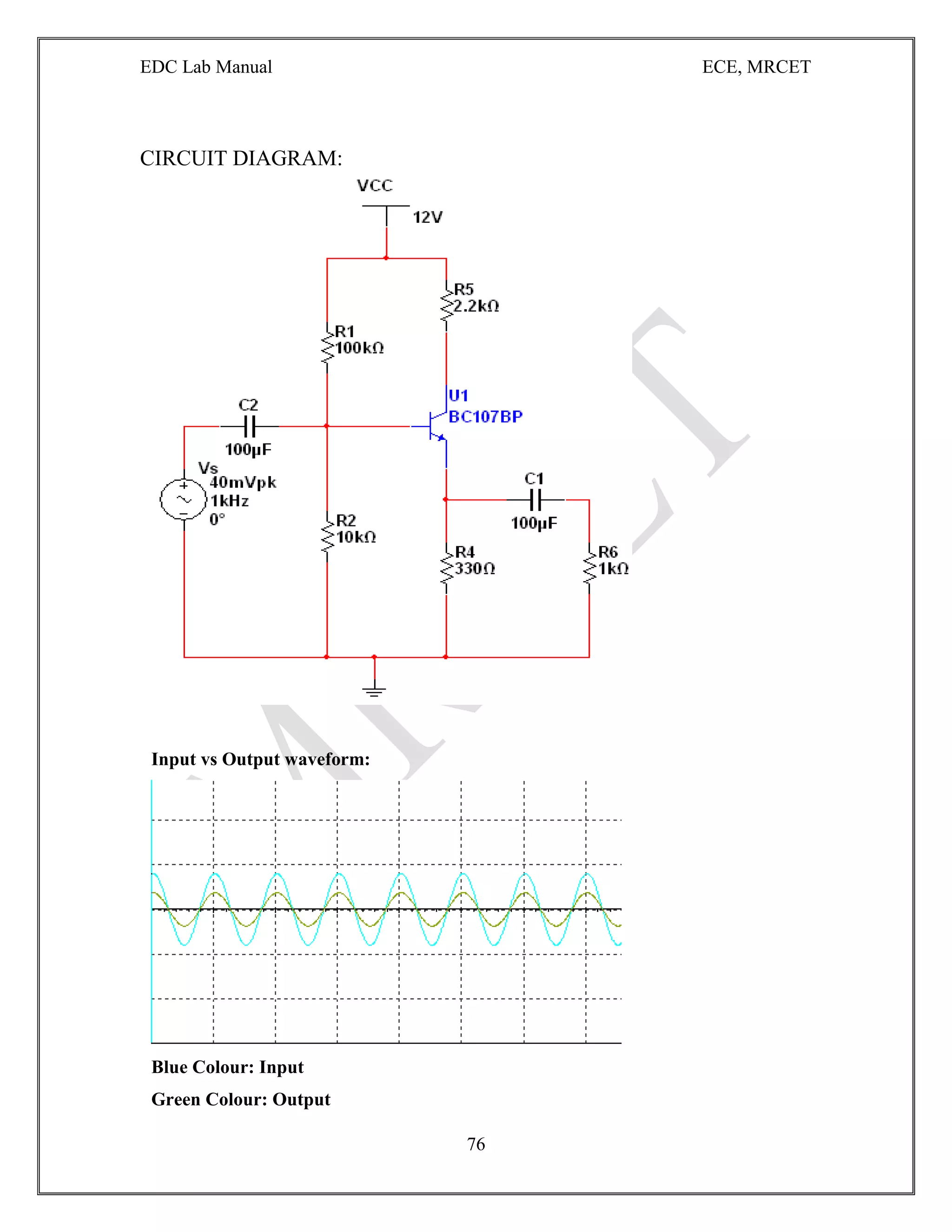 EDC Lab Manual ECE, MRCET
76
CIRCUIT DIAGRAM:
Input vs Output waveform:
Blue Colour: Input
Green Colour: Output
 