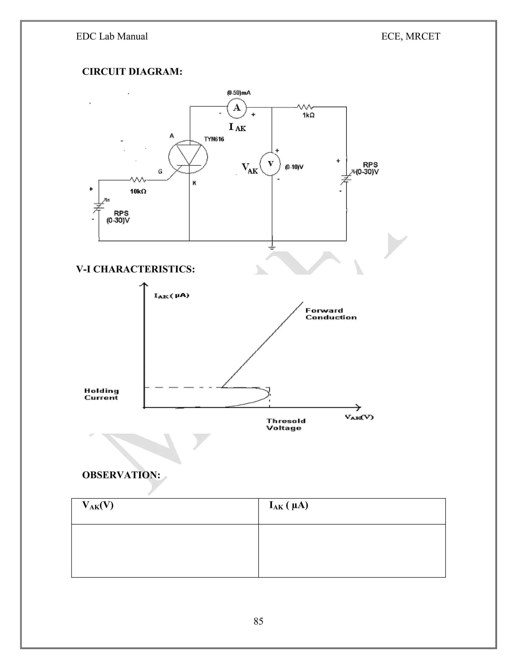 EDC Lab Manual ECE, MRCET
85
CIRCUIT DIAGRAM:
V-I CHARACTERISTICS:
OBSERVATION:
VAK(V) IAK ( µA)
 