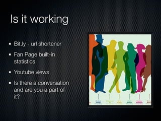 Is it working

Bit.ly - url shortener
Fan Page built-in
statistics
Youtube views
Is there a conversation
and are you a part of
it?
 