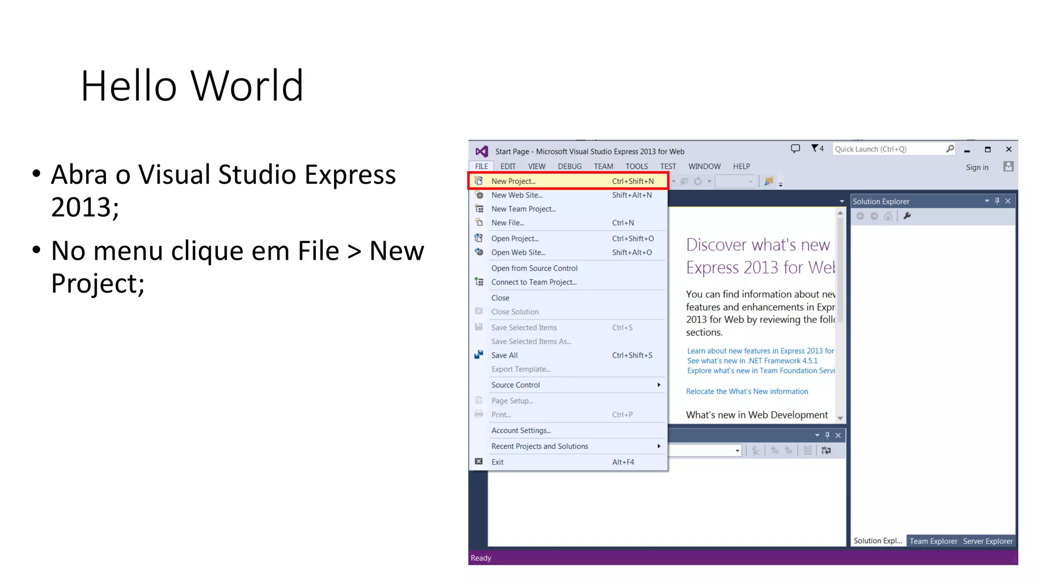 Hello World 
•Abra o Visual Studio Express 2013; 
•No menu clique em File > New Project;  