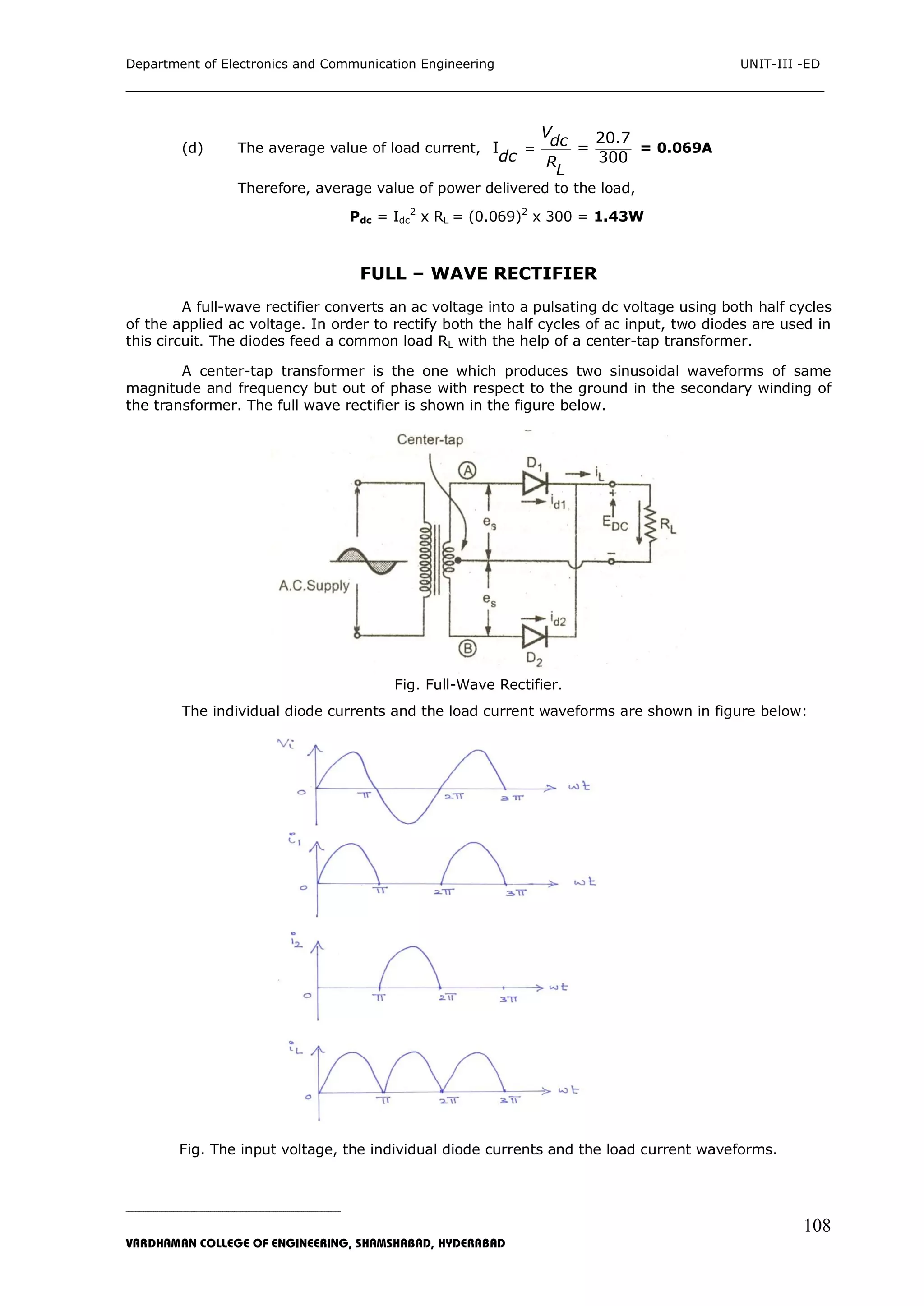 Department of Electronics and Communication Engineering UNIT-III -ED
___________________________________________________________________________
_____________________________________________________________________________________________________________
VARDHAMAN COLLEGE OF ENGINEERING, SHAMSHABAD, HYDERABAD
108
(d) The average value of load current,
20.7
I =
300
V
dc
dc R
L
 = 0.069A
Therefore, average value of power delivered to the load,
Pdc = Idc
2
x RL = (0.069)2
x 300 = 1.43W
FULL – WAVE RECTIFIER
A full-wave rectifier converts an ac voltage into a pulsating dc voltage using both half cycles
of the applied ac voltage. In order to rectify both the half cycles of ac input, two diodes are used in
this circuit. The diodes feed a common load RL with the help of a center-tap transformer.
A center-tap transformer is the one which produces two sinusoidal waveforms of same
magnitude and frequency but out of phase with respect to the ground in the secondary winding of
the transformer. The full wave rectifier is shown in the figure below.
Fig. Full-Wave Rectifier.
The individual diode currents and the load current waveforms are shown in figure below:
Fig. The input voltage, the individual diode currents and the load current waveforms.
 