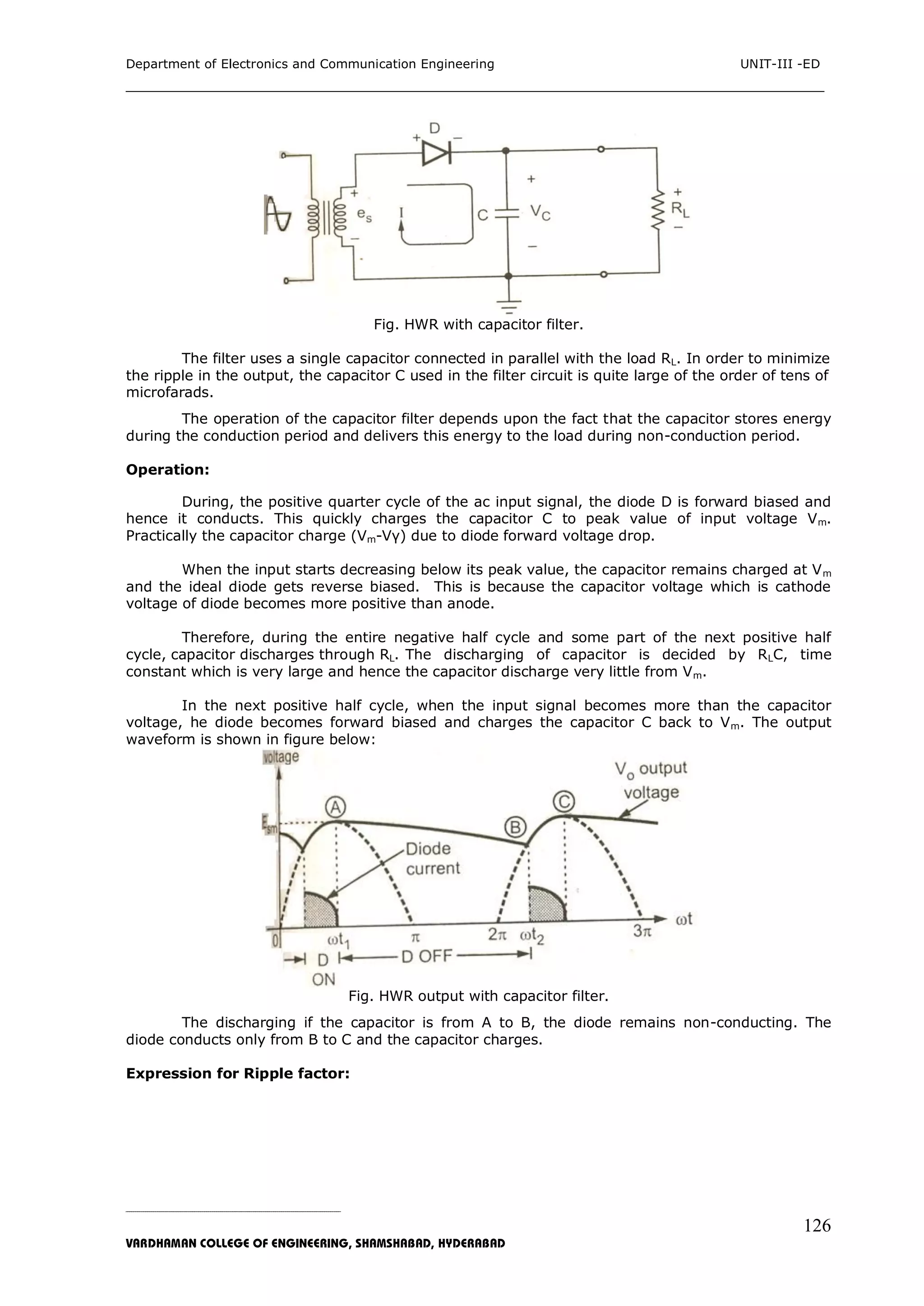 Department of Electronics and Communication Engineering UNIT-III -ED
___________________________________________________________________________
_____________________________________________________________________________________________________________
VARDHAMAN COLLEGE OF ENGINEERING, SHAMSHABAD, HYDERABAD
126
Fig. HWR with capacitor filter.
The filter uses a single capacitor connected in parallel with the load RL. In order to minimize
the ripple in the output, the capacitor C used in the filter circuit is quite large of the order of tens of
microfarads.
The operation of the capacitor filter depends upon the fact that the capacitor stores energy
during the conduction period and delivers this energy to the load during non-conduction period.
Operation:
During, the positive quarter cycle of the ac input signal, the diode D is forward biased and
hence it conducts. This quickly charges the capacitor C to peak value of input voltage Vm.
Practically the capacitor charge (Vm-Vγ) due to diode forward voltage drop.
When the input starts decreasing below its peak value, the capacitor remains charged at Vm
and the ideal diode gets reverse biased. This is because the capacitor voltage which is cathode
voltage of diode becomes more positive than anode.
Therefore, during the entire negative half cycle and some part of the next positive half
cycle, capacitor discharges through RL. The discharging of capacitor is decided by RLC, time
constant which is very large and hence the capacitor discharge very little from Vm.
In the next positive half cycle, when the input signal becomes more than the capacitor
voltage, he diode becomes forward biased and charges the capacitor C back to Vm. The output
waveform is shown in figure below:
Fig. HWR output with capacitor filter.
The discharging if the capacitor is from A to B, the diode remains non-conducting. The
diode conducts only from B to C and the capacitor charges.
Expression for Ripple factor:
 