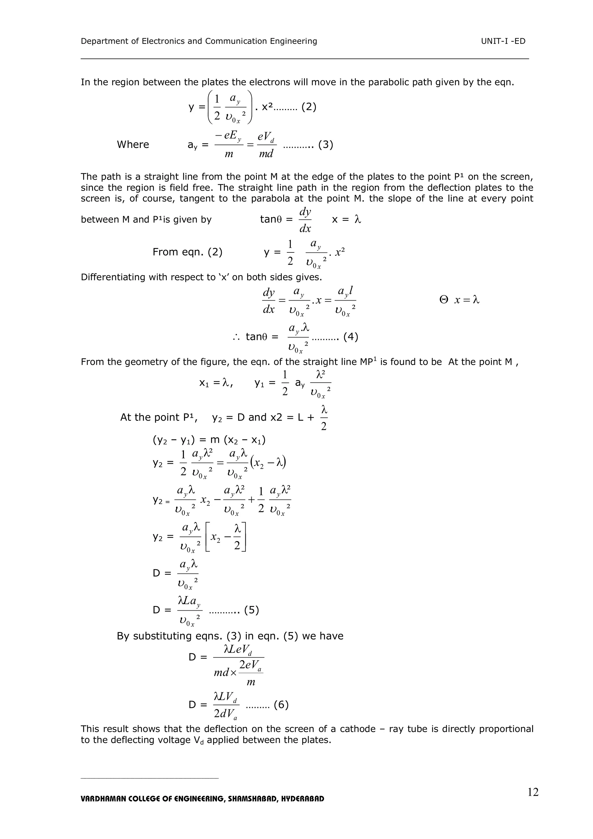 Department of Electronics and Communication Engineering UNIT-I -ED
___________________________________________________________________________
_____________________________________________________________________________________________________________
VARDHAMAN COLLEGE OF ENGINEERING, SHAMSHABAD, HYDERABAD
12
In the region between the plates the electrons will move in the parabolic path given by the eqn.
y =








²2
1
0 x
ya

. x²……… (2)
Where ay =
md
eV
m
eE dy


……….. (3)
The path is a straight line from the point M at the edge of the plates to the point P¹ on the screen,
since the region is field free. The straight line path in the region from the deflection plates to the
screen is, of course, tangent to the parabola at the point M. the slope of the line at every point
between M and P¹is given by tan =
dx
dy
x = 
From eqn. (2) y =
2
1
².
²0
x
a
x
y

Differentiating with respect to „x‟ on both sides gives.
²
.
² 00 x
y
x
y la
x
a
dx
dy

  x
 tan =
²
.
0 x
ya


………. (4)
From the geometry of the figure, the eqn. of the straight line MP1
is found to be At the point M ,
x1 = , y1 =
2
1
ay
²
²
0 x


At the point P¹, y2 = D and x2 = L +
2

(y2 – y1) = m (x2 – x1)
y2 =  

 2
00 ²²
²
2
1
x
aa
x
y
x
y

y2 =
²
²
2
1
²
²
² 00
2
0 x
y
x
y
x
y aa
x
a



y2 =







2²
2
0

x
a
x
y

D =
²0 x
ya


D =
²0 x
yLa


……….. (5)
By substituting eqns. (3) in eqn. (5) we have
D =
m
eV
md
LeV
a
d
2


D =
a
d
dV
LV
2

……… (6)
This result shows that the deflection on the screen of a cathode – ray tube is directly proportional
to the deflecting voltage Vd applied between the plates.
 