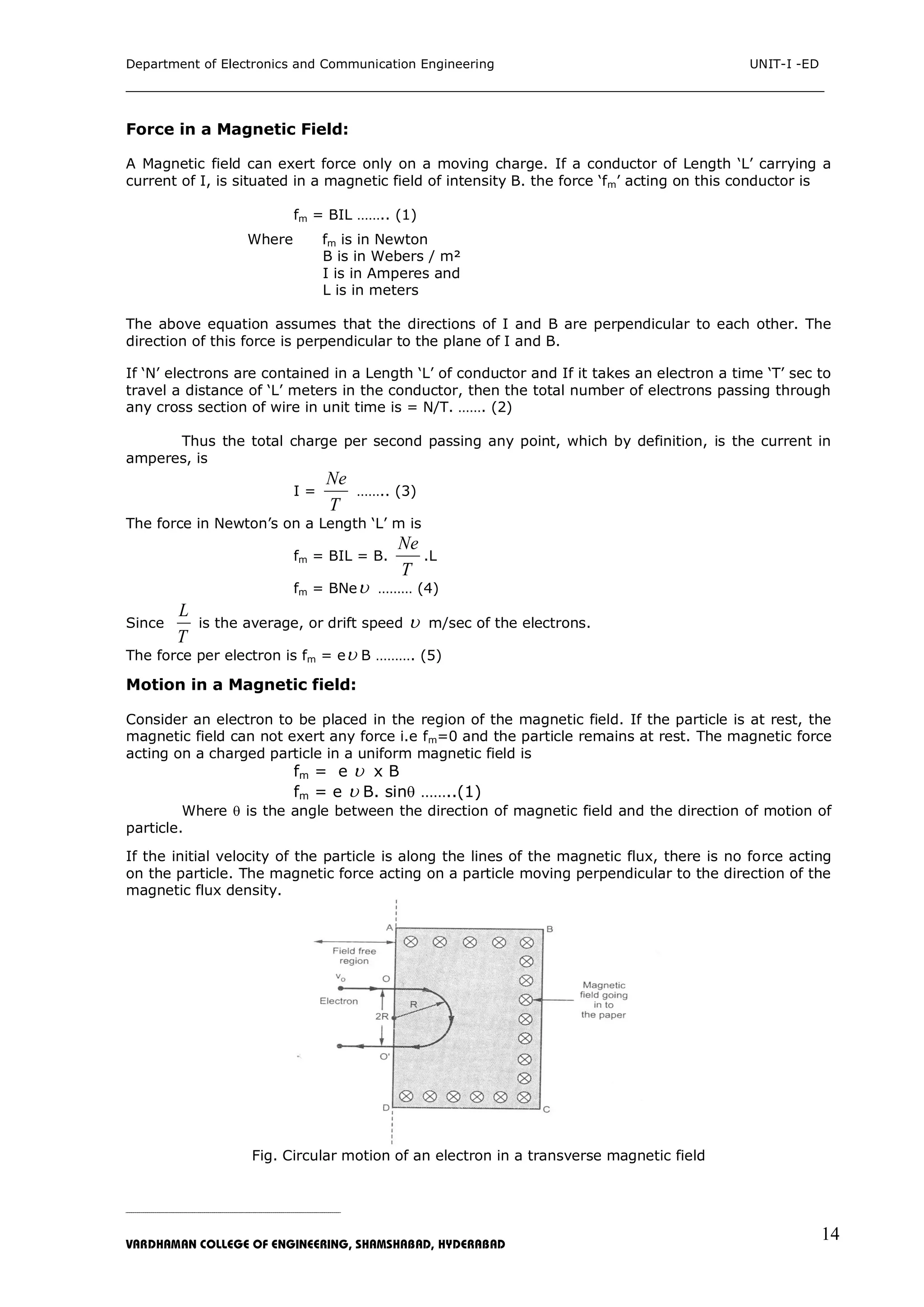 Department of Electronics and Communication Engineering UNIT-I -ED
___________________________________________________________________________
_____________________________________________________________________________________________________________
VARDHAMAN COLLEGE OF ENGINEERING, SHAMSHABAD, HYDERABAD
14
Force in a Magnetic Field:
A Magnetic field can exert force only on a moving charge. If a conductor of Length „L‟ carrying a
current of I, is situated in a magnetic field of intensity B. the force „fm‟ acting on this conductor is
fm = BIL …….. (1)
Where fm is in Newton
B is in Webers / m²
I is in Amperes and
L is in meters
The above equation assumes that the directions of I and B are perpendicular to each other. The
direction of this force is perpendicular to the plane of I and B.
If „N‟ electrons are contained in a Length „L‟ of conductor and If it takes an electron a time „T‟ sec to
travel a distance of „L‟ meters in the conductor, then the total number of electrons passing through
any cross section of wire in unit time is = N/T. ……. (2)
Thus the total charge per second passing any point, which by definition, is the current in
amperes, is
I =
T
Ne
…….. (3)
The force in Newton‟s on a Length „L‟ m is
fm = BIL = B.
T
Ne
.L
fm = BNe ……… (4)
Since
T
L
is the average, or drift speed  m/sec of the electrons.
The force per electron is fm = e B ………. (5)
Motion in a Magnetic field:
Consider an electron to be placed in the region of the magnetic field. If the particle is at rest, the
magnetic field can not exert any force i.e fm=0 and the particle remains at rest. The magnetic force
acting on a charged particle in a uniform magnetic field is
fm = e  x B
fm = e  B. sin ……..(1)
Where  is the angle between the direction of magnetic field and the direction of motion of
particle.
If the initial velocity of the particle is along the lines of the magnetic flux, there is no force acting
on the particle. The magnetic force acting on a particle moving perpendicular to the direction of the
magnetic flux density.
Fig. Circular motion of an electron in a transverse magnetic field
 